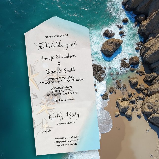 Invitación Todo En Uno Boda en la playa del océano tropical (Tropical ocean beach wedding all in one invitation. A wedding invitation and RSVP card in one.)