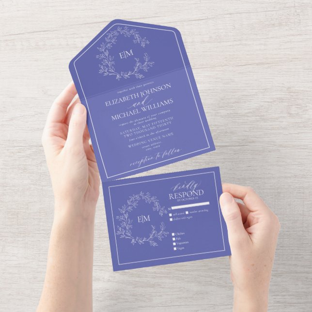 Invitación Todo En Uno Boda en monograma de Periwinkle Leafy Escudo (desgarro)