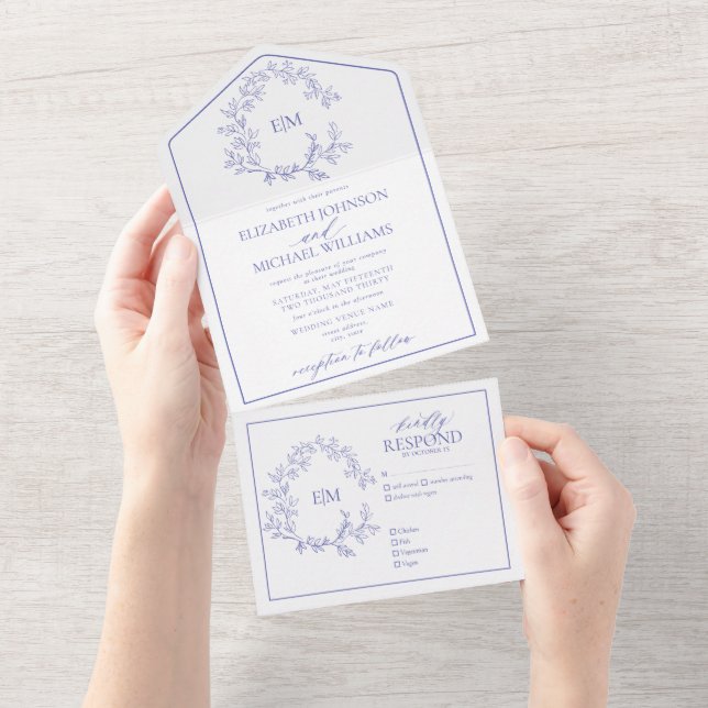 Invitación Todo En Uno Boda en monograma de Periwinkle Leafy Escudo (desgarro)