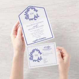Invitación Todo En Uno Boda en monograma de Periwinkle Leafy Escudo
