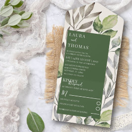 Invitación Todo En Uno Boda esmeralda con vegetación acuarela moderna