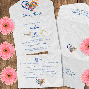 Invitación Todo En Uno Boda española, colorida floral del corazón mexican