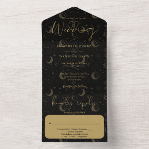 Invitación Todo En Uno Boda Espiritual Celestial de Negro y Dorado