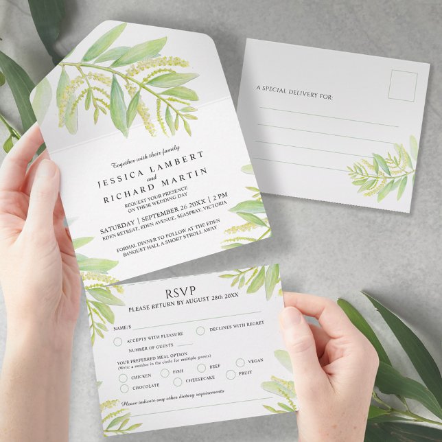 Invitación Todo En Uno Boda eucalipto harina de agua verde RSVP (Subido por el creador)
