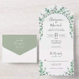 Invitación Todo En Uno Boda Eucalyptus de color de agua verde minimalista