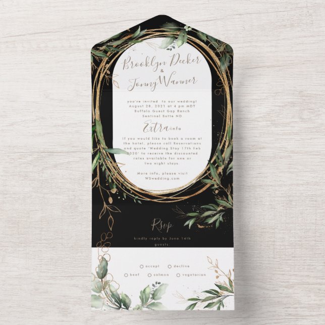 Invitación Todo En Uno Boda Eucalyptus de primer nivel de verde negro (Interior)
