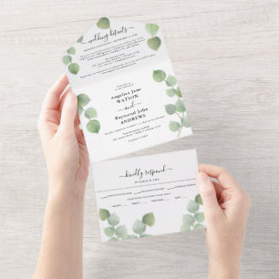 Invitación Todo En Uno Boda Eucalyptus Greenery y Gold Classic
