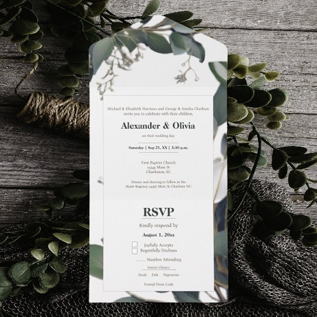 Invitación Todo En Uno Boda Eucalyptus Moderno (Modern Eucalyptus Wedding All in One Invitation)