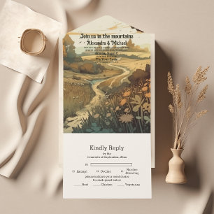 Invitación Todo En Uno Boda Evergreen del Bosque Rústico de Montaña
