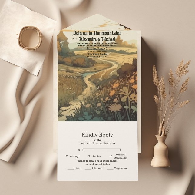 Invitación Todo En Uno Boda Evergreen del Bosque Rústico de Montaña (Subido por el creador)
