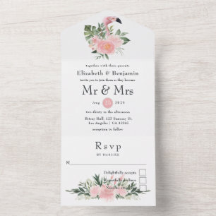 Invitación Todo En Uno Boda exótica tropical de flamenco rosa