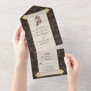 Invitación Todo En Uno Boda Fairytale Romántico Lord and Lady Scroll 