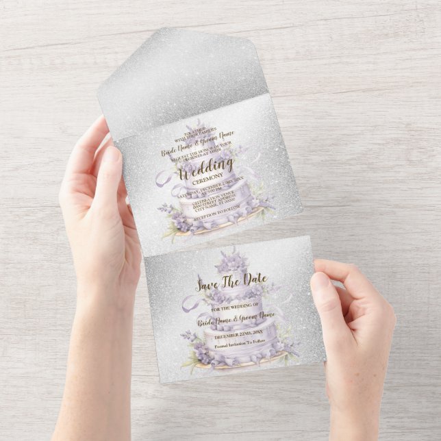 Invitación Todo En Uno Boda fiesta Cake Lavender Floral Elegante (desgarro)