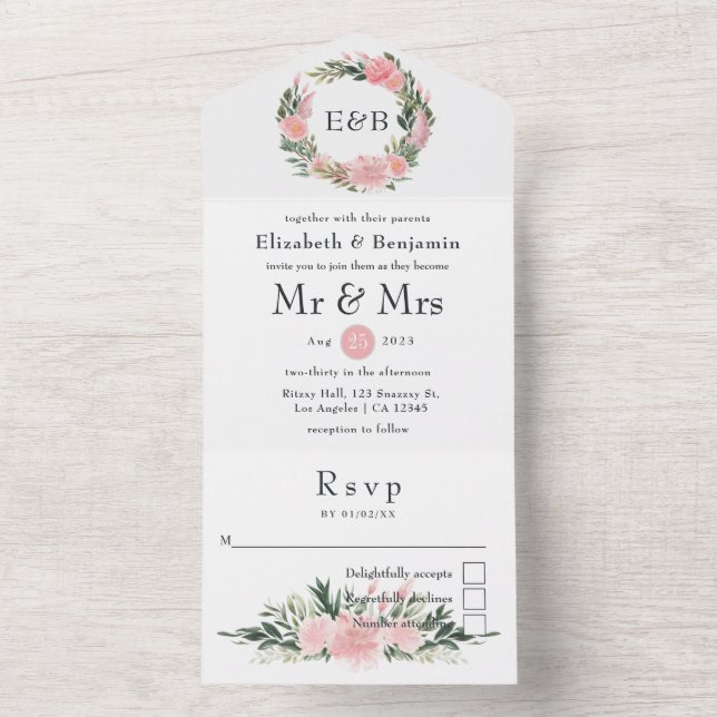 Invitación Todo En Uno Boda Flamingo Rosado Exótico Monograma (Interior)