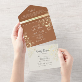 Invitación Todo En Uno Boda Flor Silvestre Naranja Quemada