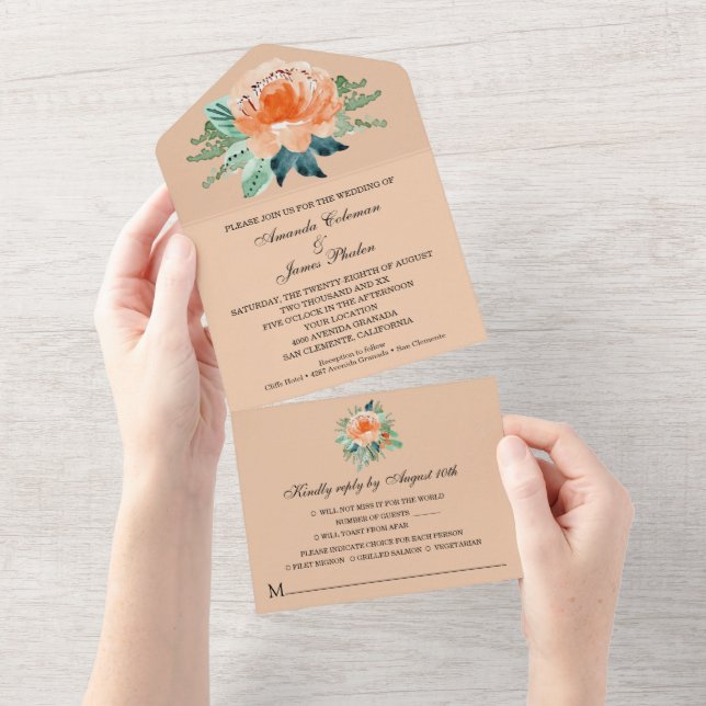 Invitación Todo En Uno Boda floral acuarela (desgarro)