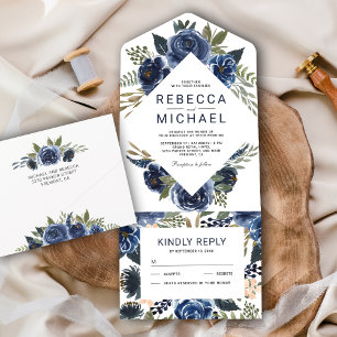 Invitación Todo En Uno Boda floral acuarela azul marino rústica moderna
