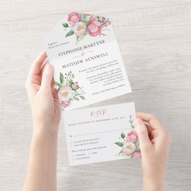 Invitación Todo En Uno Boda floral acuarela moderna peonía rosa (desgarro)