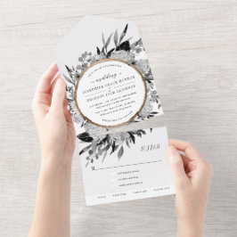 Invitación Todo En Uno Boda floral acuarela negro y blanco