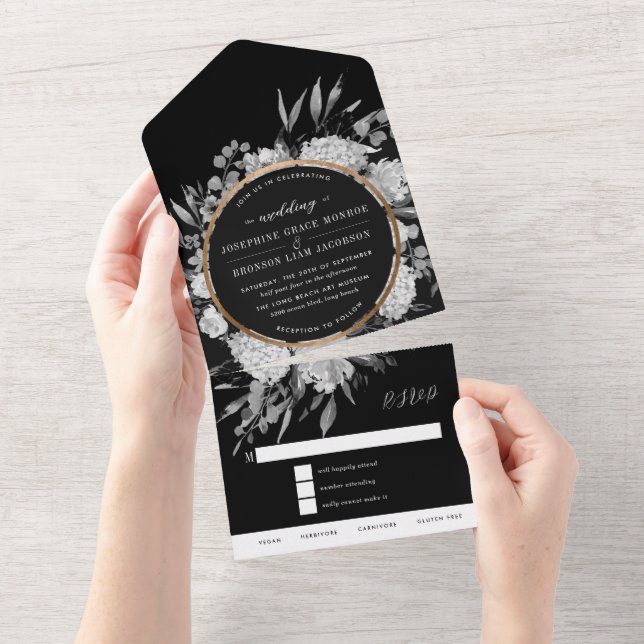 Invitación Todo En Uno Boda floral acuarela negro y blanco (desgarro)