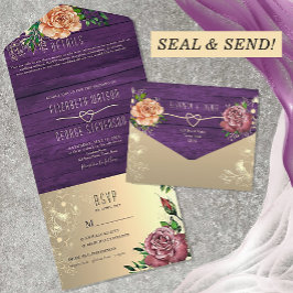 Invitación Todo En Uno Boda Floral Acuarela Púrpura Rústica