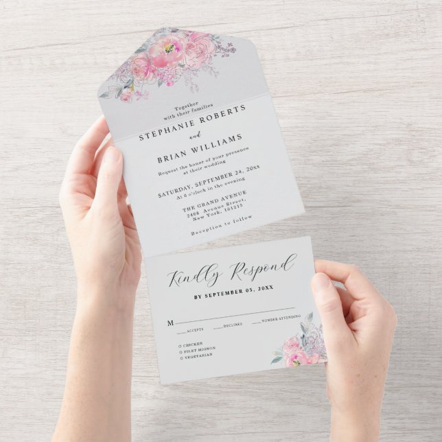 Invitación Todo En Uno Boda floral acuarela rosa desvanecido rústico (desgarro)