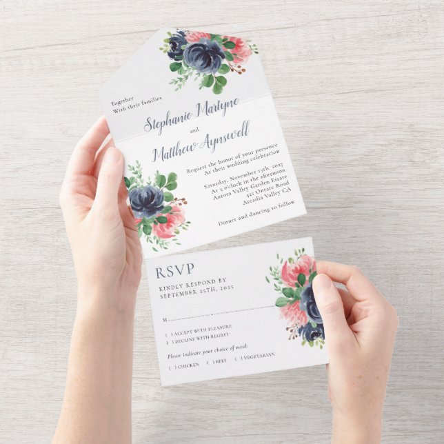 Invitación Todo En Uno Boda floral acuarela rosa marina (desgarro)