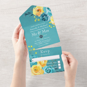Invitación Todo En Uno Boda floral acuarela turquesa y amarillo