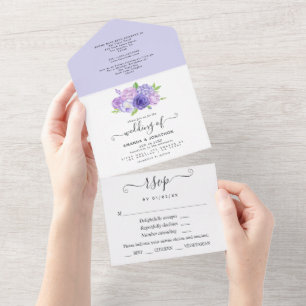 Invitación Todo En Uno Boda floral acuarela violeta ultra todo en uno