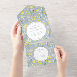 Invitación Todo En Uno Boda floral amarillo azul moderno