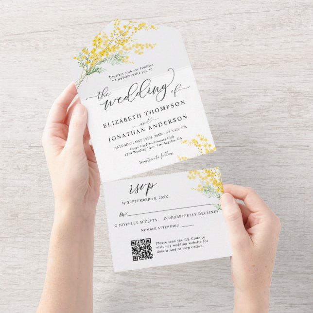 Invitación Todo En Uno Boda floral amarillo dorado Detalles del código QR (desgarro)