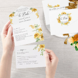 Invitación Todo En Uno Boda floral amarillo elegante español RSVP