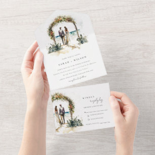 Invitación Todo En Uno Boda floral Arch Boda de la playa costera de playa