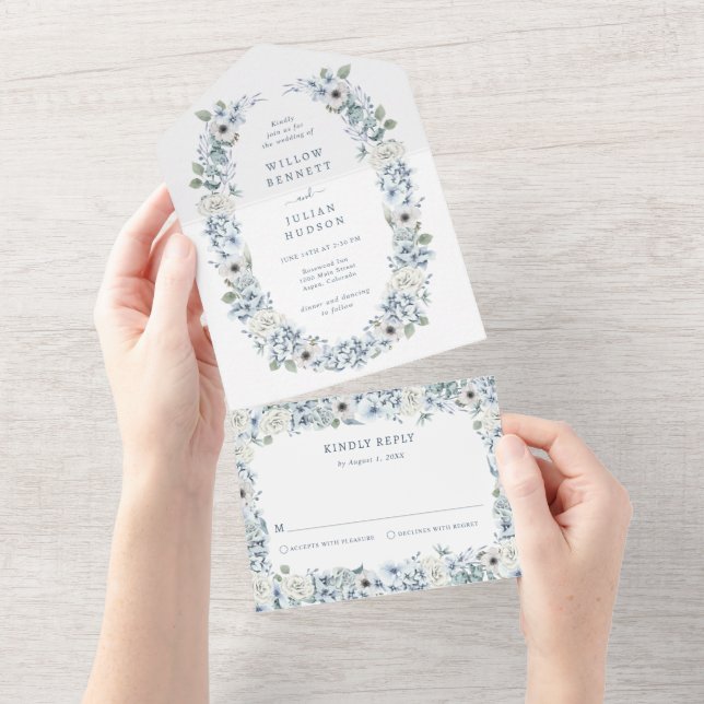 Invitación Todo En Uno Boda Floral Azul (desgarro)