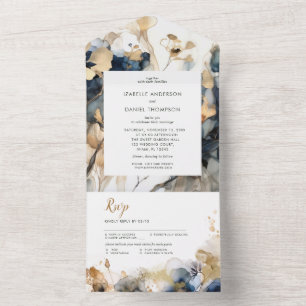 Invitación Todo En Uno Boda floral azul acuático y dorado