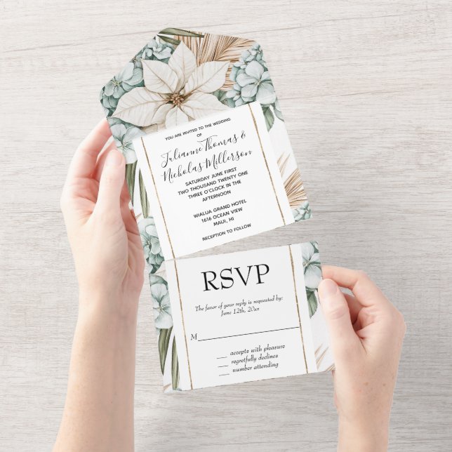 Invitación Todo En Uno Boda Floral Azul Blanco Tropical (desgarro)