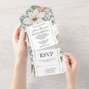 Invitación Todo En Uno Boda Floral Azul Blanco Tropical