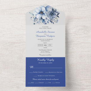 Invitación Todo En Uno Boda Floral Azul Blanco y Gris