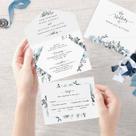 Invitación Todo En Uno Boda Floral Azul con RSVP Perforado