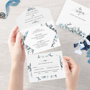 Invitación Todo En Uno Boda Floral Azul con RSVP Perforado