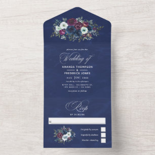 Invitación Todo En Uno Boda floral azul de ciruela y marina todo en una s