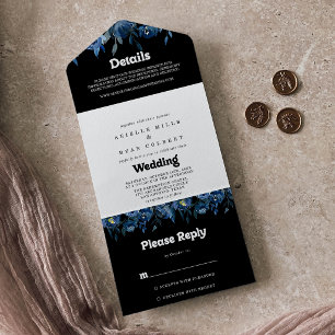 Invitación Todo En Uno Boda floral azul de la Marina Real    