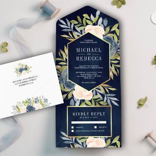 Invitación Todo En Uno Boda floral azul de la marina rosa y agitada de Ru
