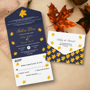 Invitación Todo En Uno Boda floral azul elegante de otoño amarillo