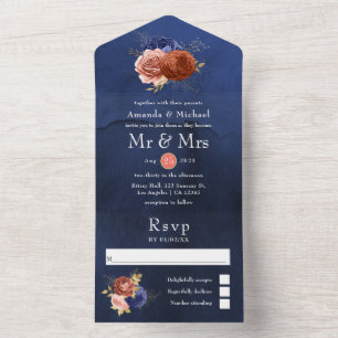 Invitación Todo En Uno Boda floral azul marino y coral todo en uno Invi