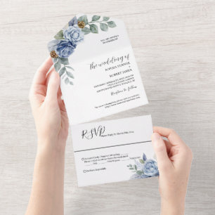 Invitación Todo En Uno Boda floral azul polvoriento