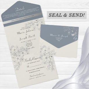 Invitación Todo En Uno Boda Floral Azul Polvoriento Romántico