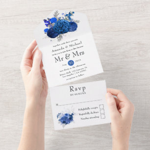 Invitación Todo En Uno Boda floral azul real y plata