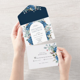 Invitación Todo En Uno Boda floral azul Rubor rosado con polvo