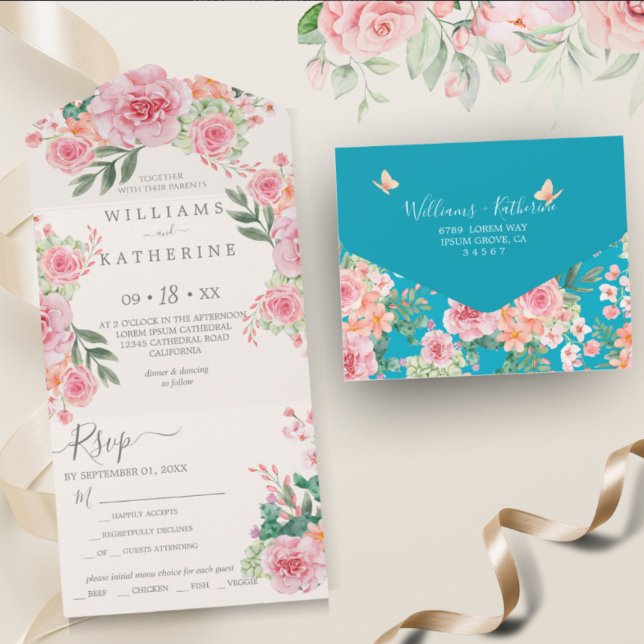 Invitación Todo En Uno Boda floral azul turbio rosa y rosa Rubor (Subido por el creador)